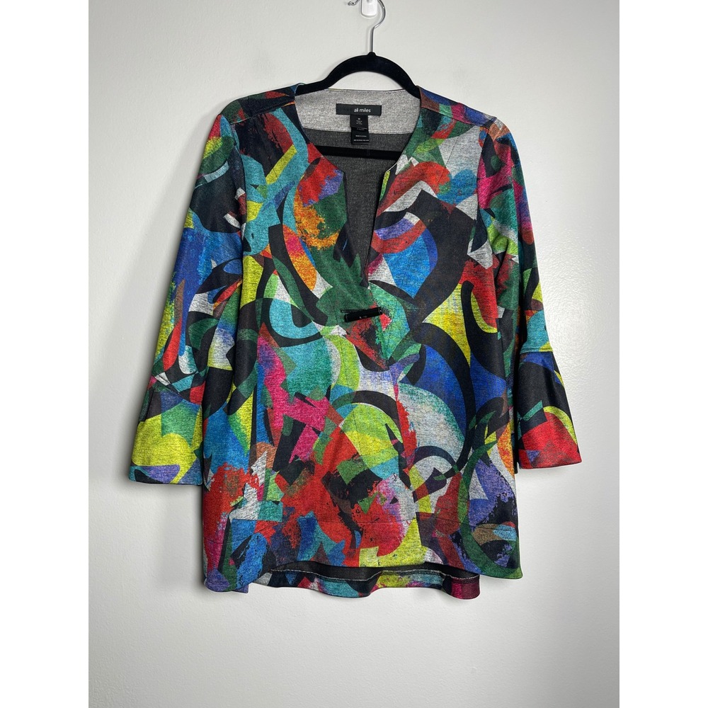 ALI MILES Abstract Geometric Print Bell Sleeve Cardigan Tunic Top Medium Artsy